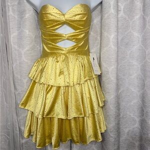 Yellow Satin Rhinestone Strapless Dress Size 6 Cutout Ruffle Tiered Mini